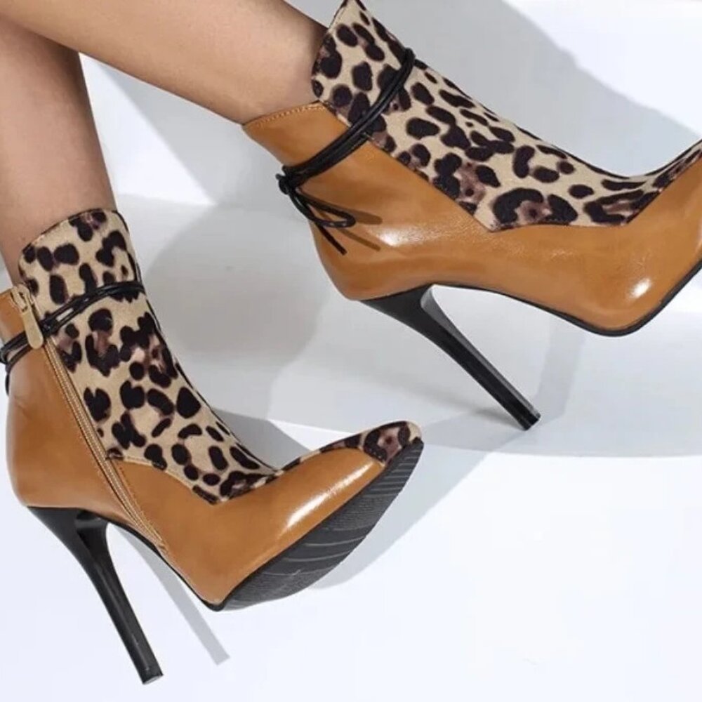 Women's Lace Ankle Boots Leopard Print High Stiletto Heels Zipper EU 38 US 7.5-8 - Picture 3 of 16